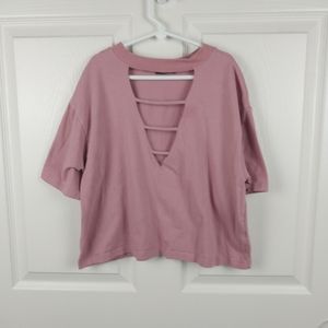 Wild Fable Women's Small Pink V-neck Cutout Cropped Short Sleeved Tee Shirt